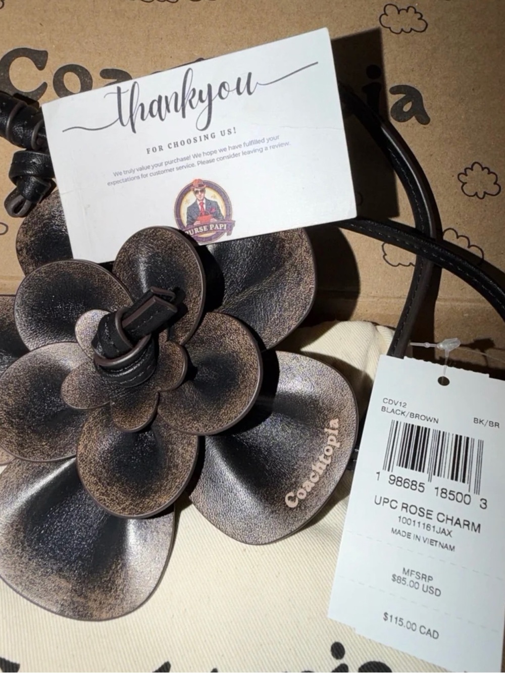 NWT Coach / Coachtopia Loved Leather Rose Bag Charm CDV12 - Picture 3 of 3